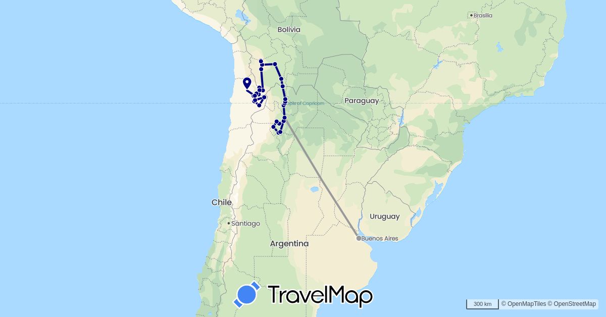 TravelMap itinerary: driving, plane in Argentina, Bolivia, Chile (South America)