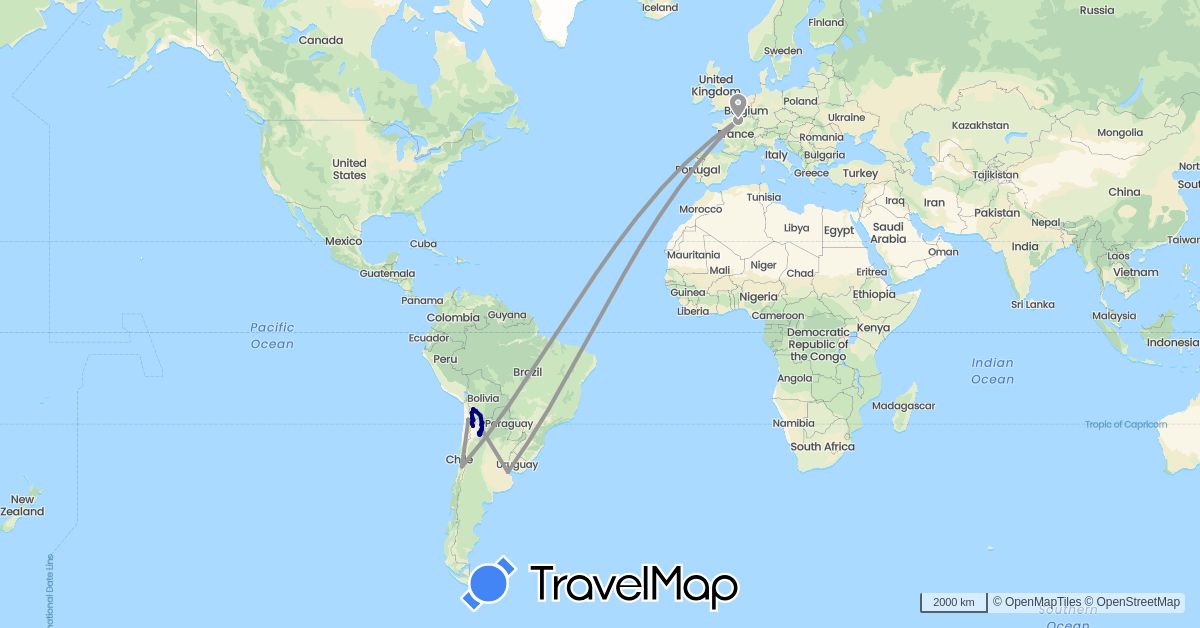 TravelMap itinerary: driving, plane in Argentina, Bolivia, Chile, France (Europe, South America)